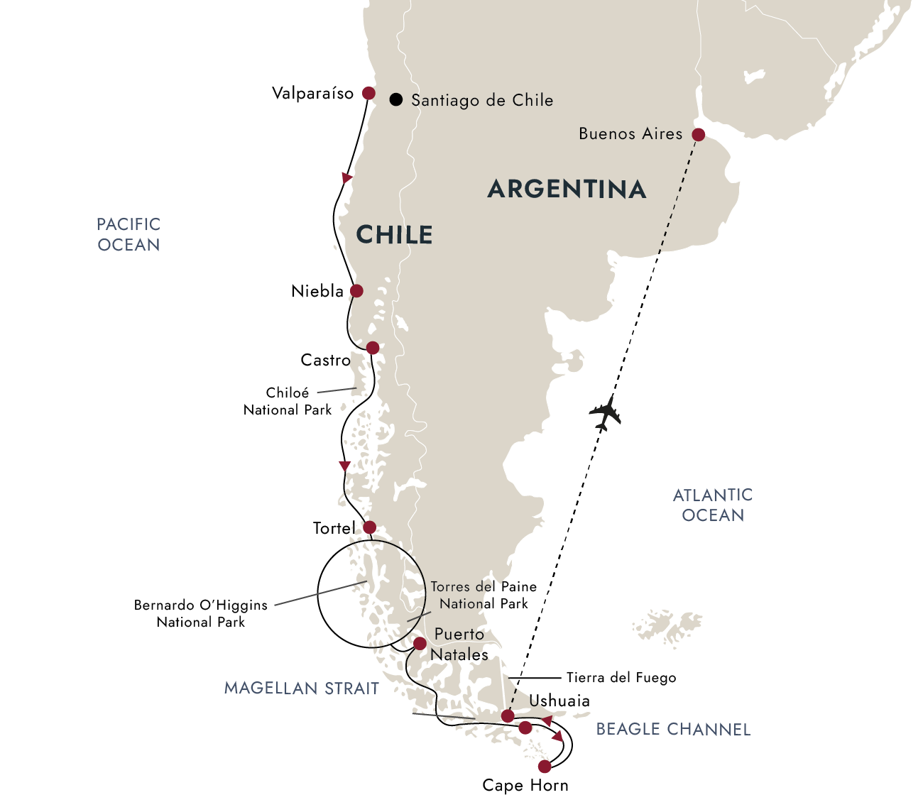 Chilean Fjords-Discovering the Heart of Patagonia | Southbound Itinerary Map