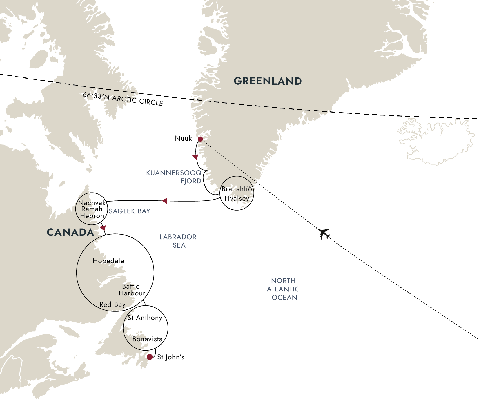 Greenland, Labrador and Newfoundland – Encounters at the Edge – Flight from Copenhagen – route map