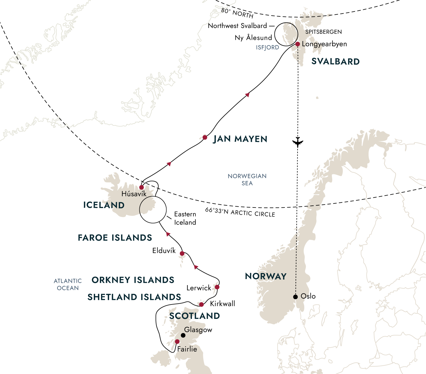 Faroe Islands, Iceland, Spitsbergen – Island Hopping in and around the Arctic (Northbound) – route map