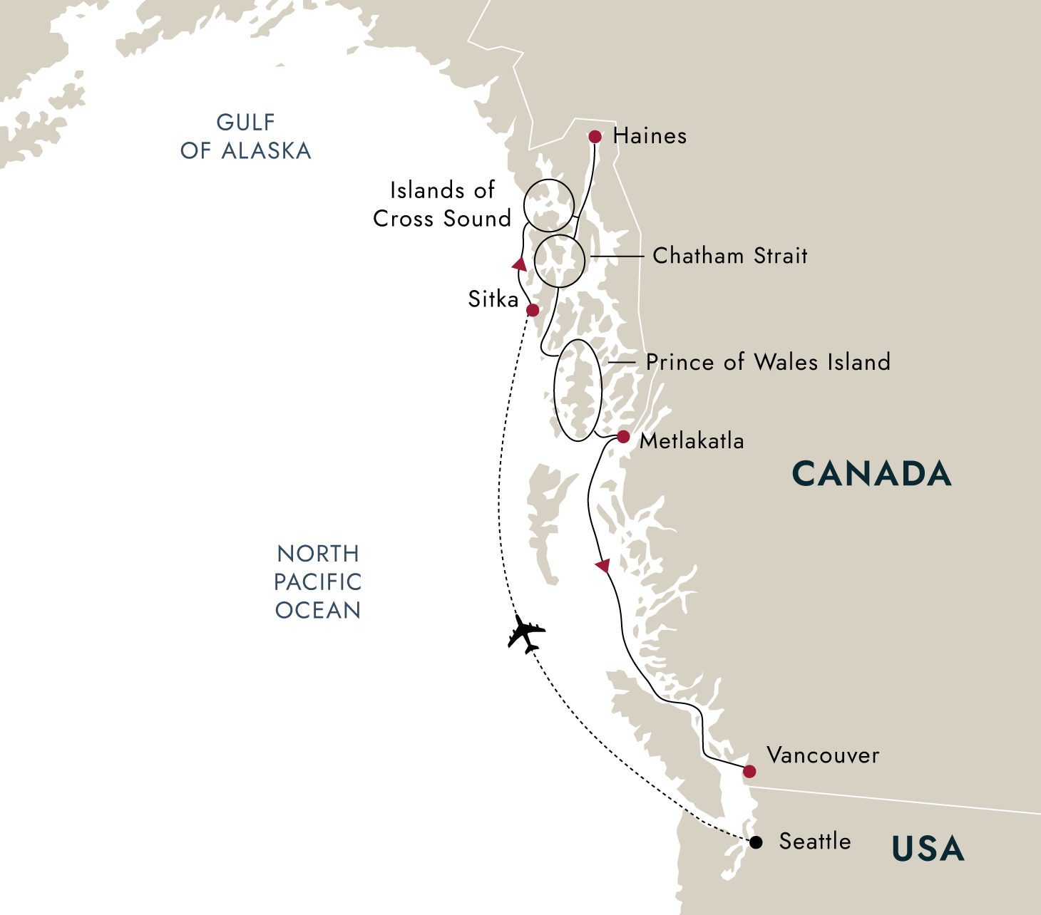 Alaska's inside Passage – Wilderness & Culture (Southbound) – route map