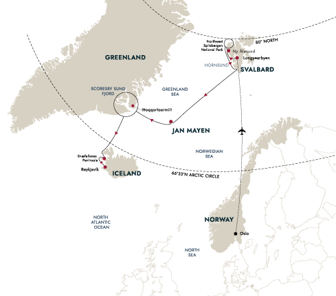 Arctic Islands Discovery – Svalbard, Jan Mayen, Greenland and Iceland Itinerary Map