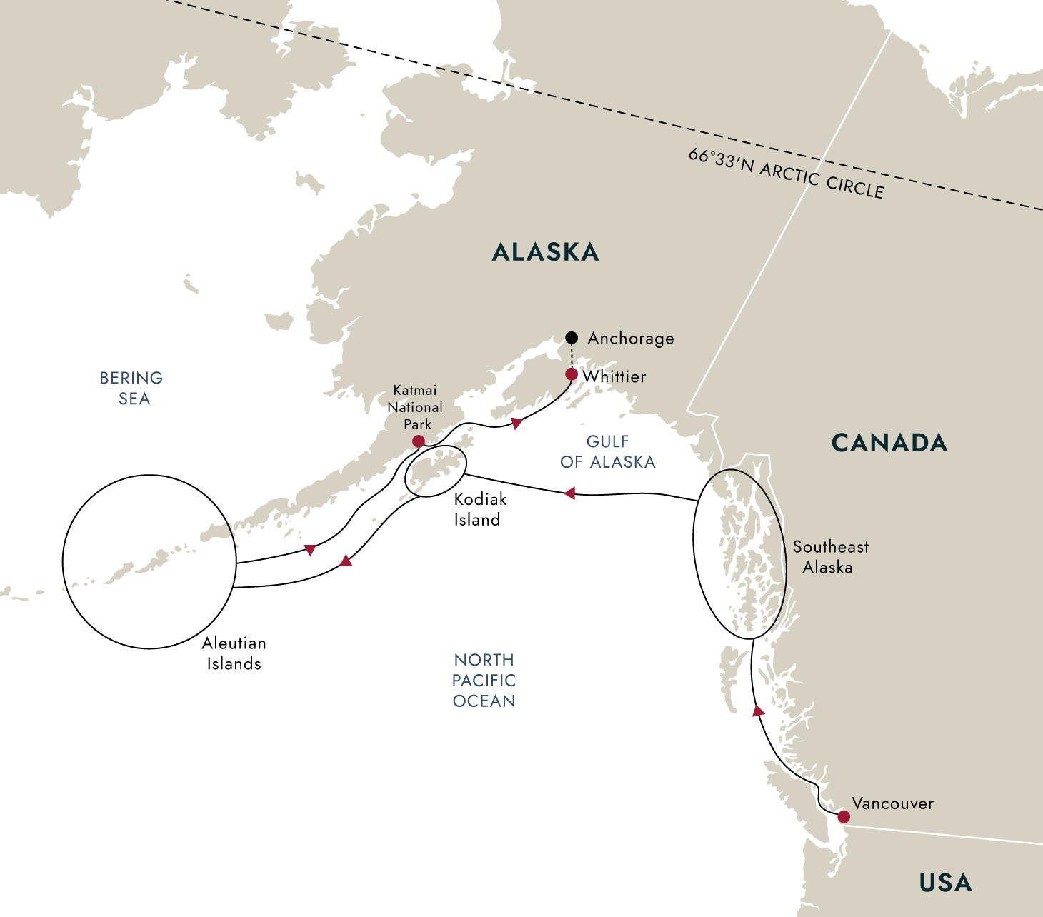 Aleutians to Katmai: Wild Alaska Revealed (Northbound) – route map