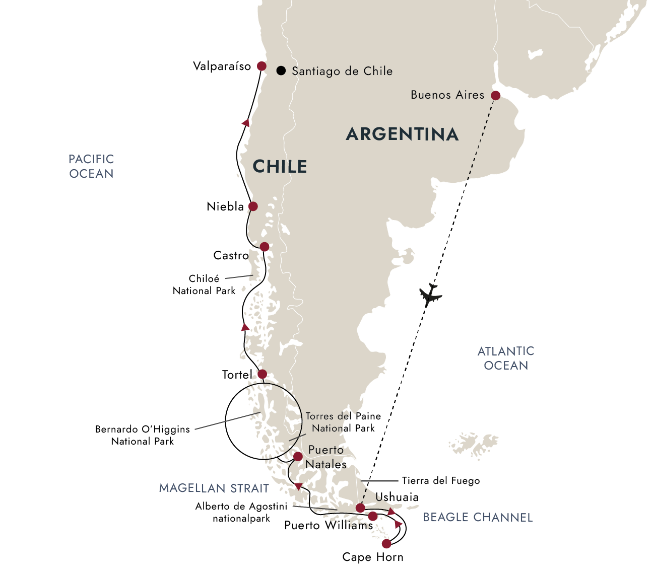 Chilean Fjords – Discovering the Heart of Patagonia | Northbound Itinerary Map