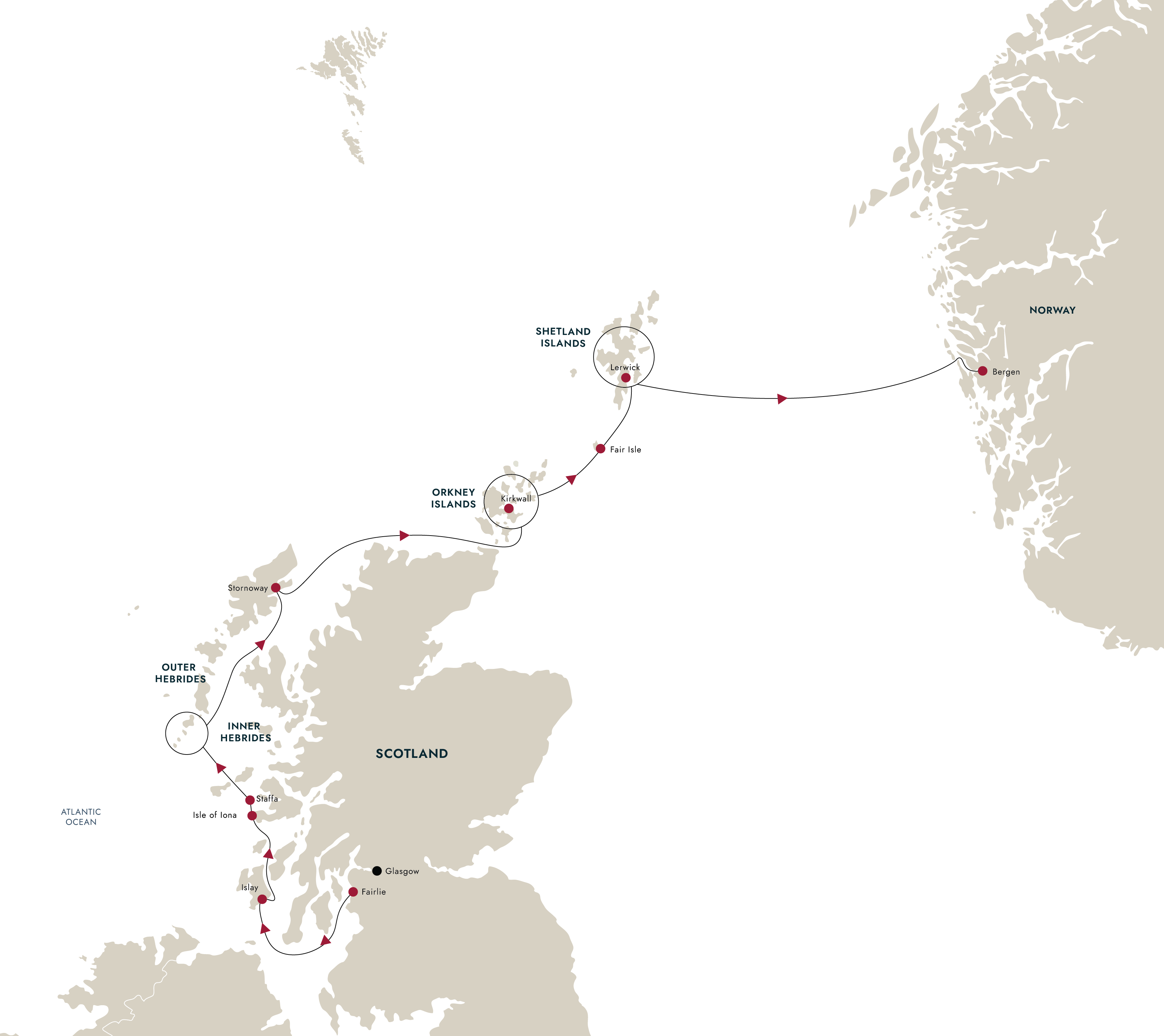 Scotland's Hidden Landscapes - The Hebrides, Orkney and Shetland to Bergen – route map