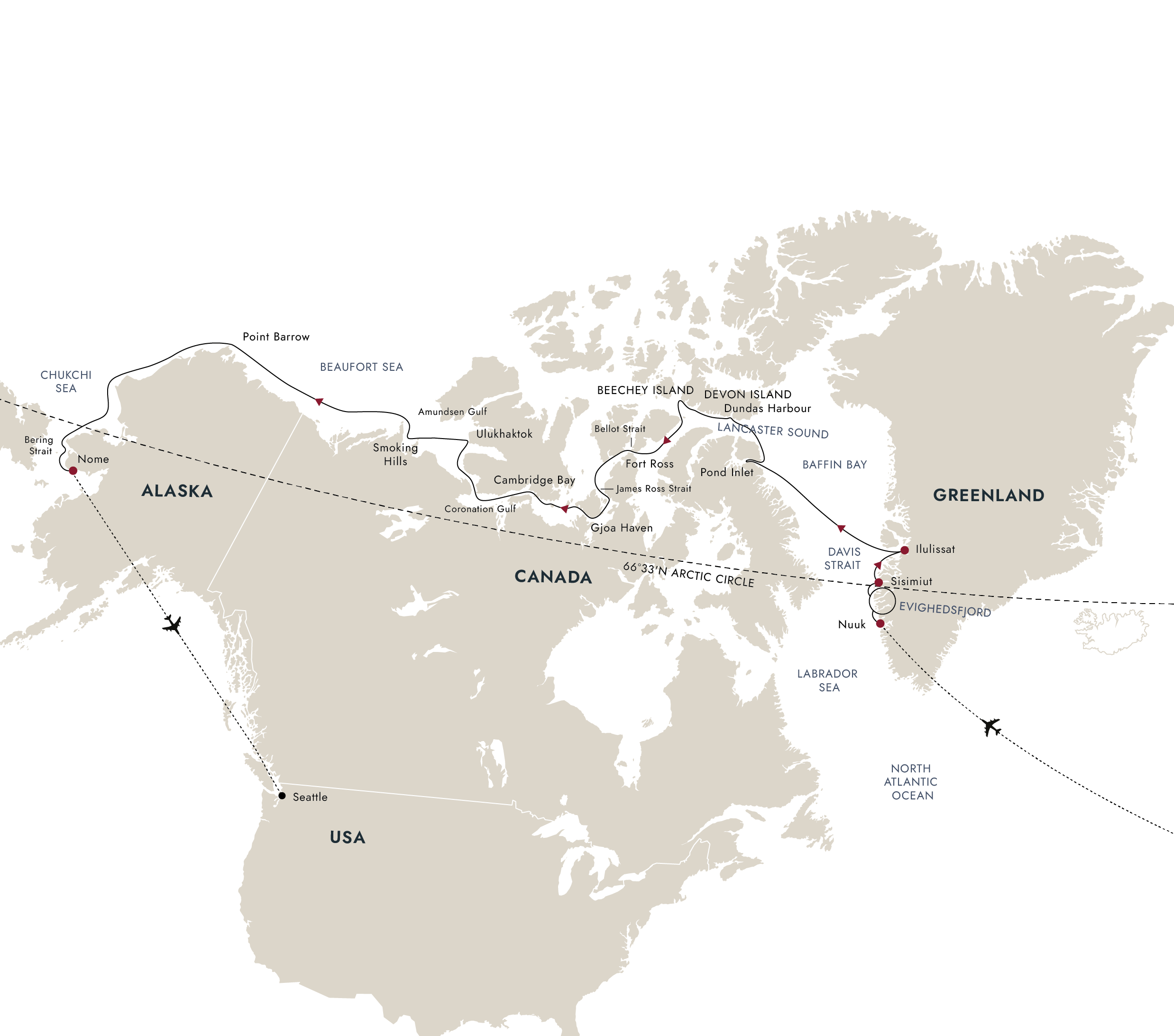 Northwest Passage - Through the Arctic Labyrinth (Greenland to Alaska, Copenhagen package) – route map