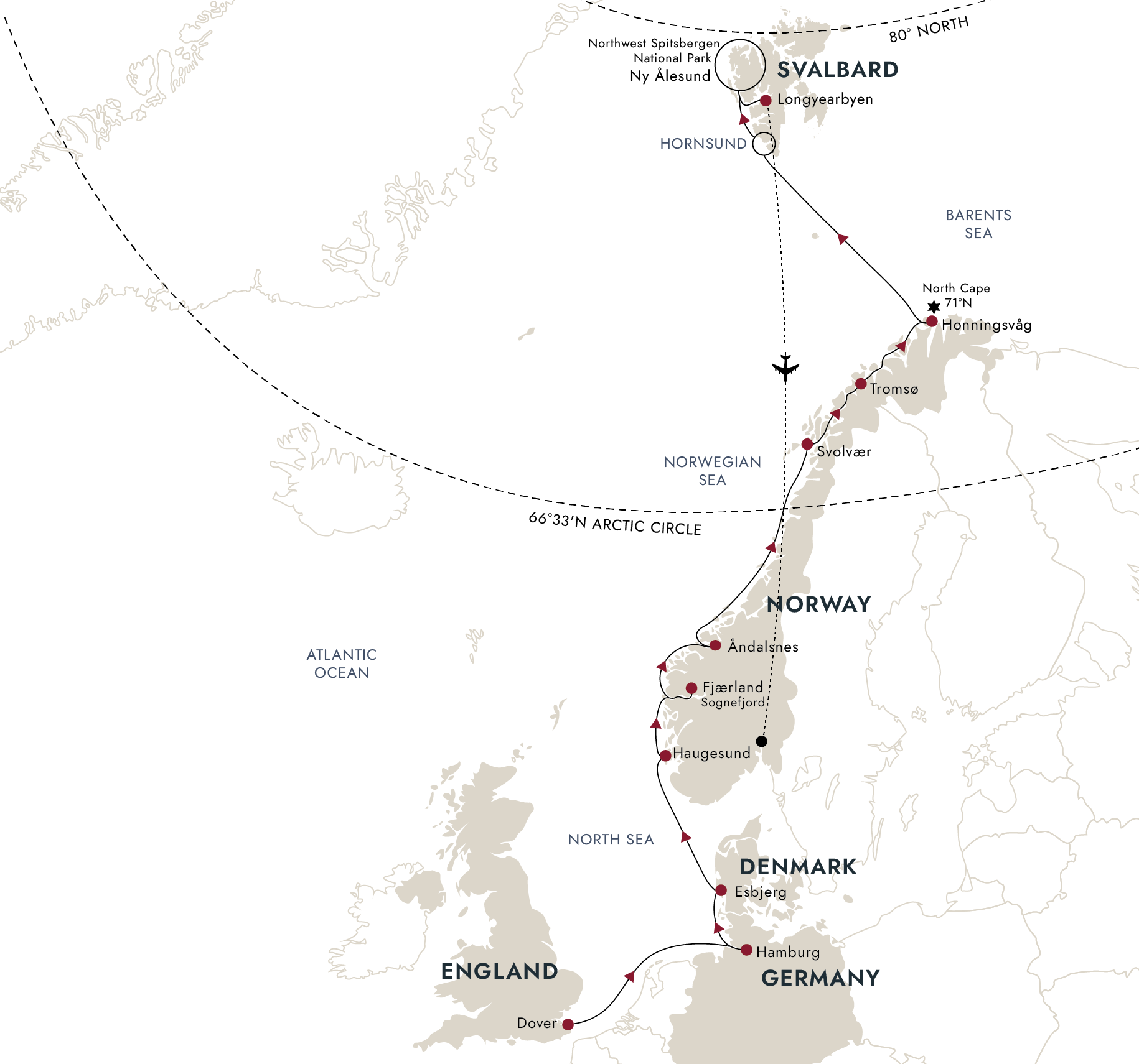 Sublime Svalbard-From Dover via Norway’s Springtime Fjords Itinerary Map