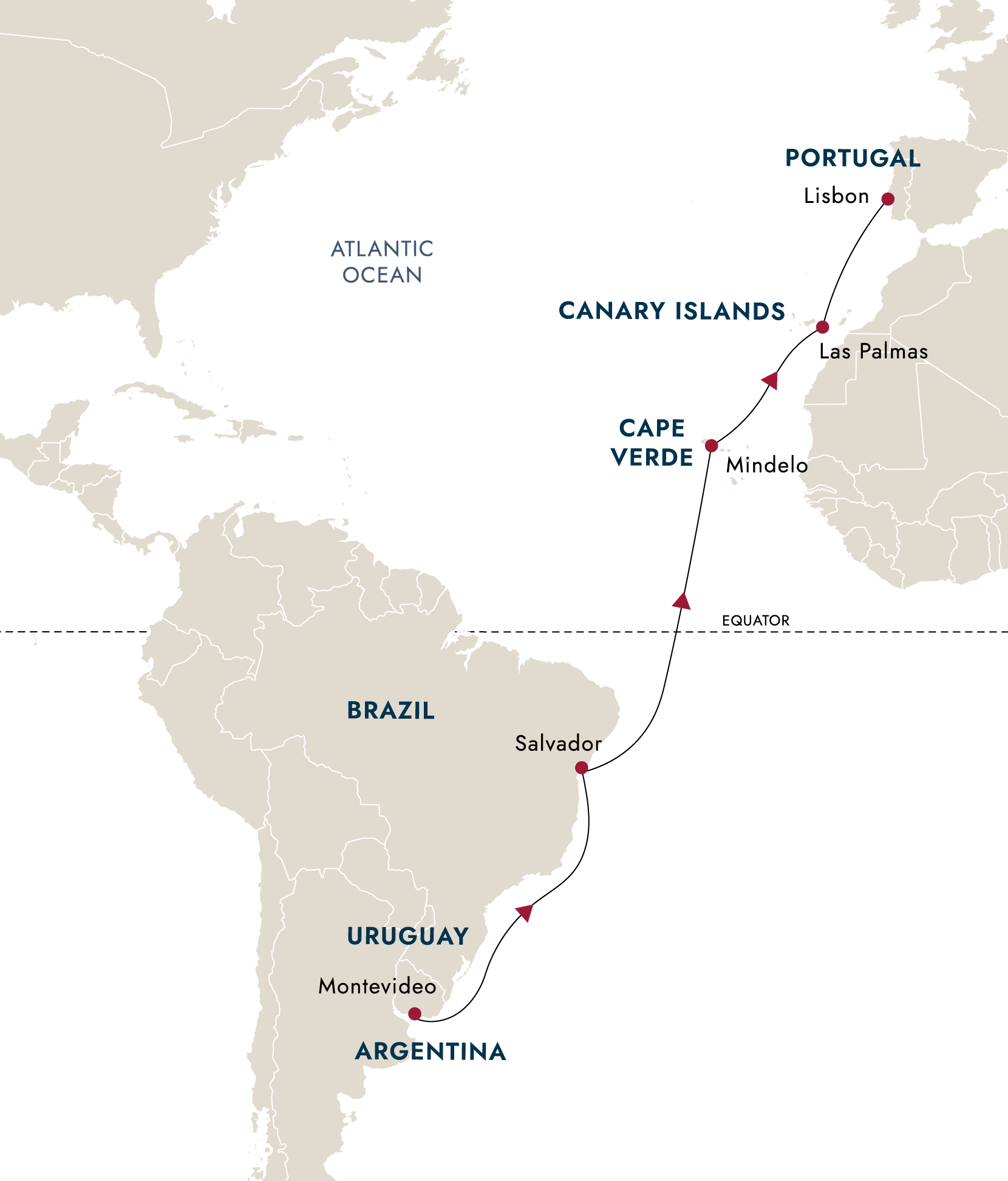 Transatlantic – Montevideo to Lisbon – route map