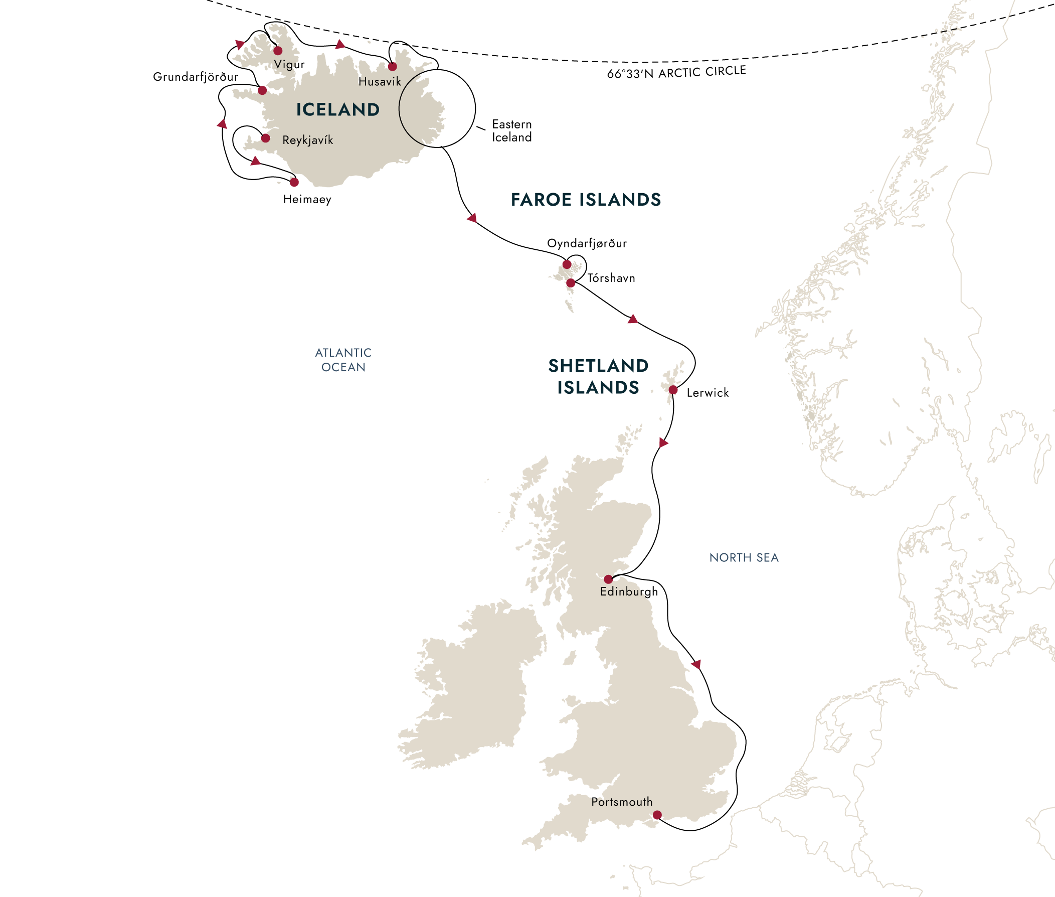 North Atlantic Expedition – Iceland, Faroes and Scotland – route map