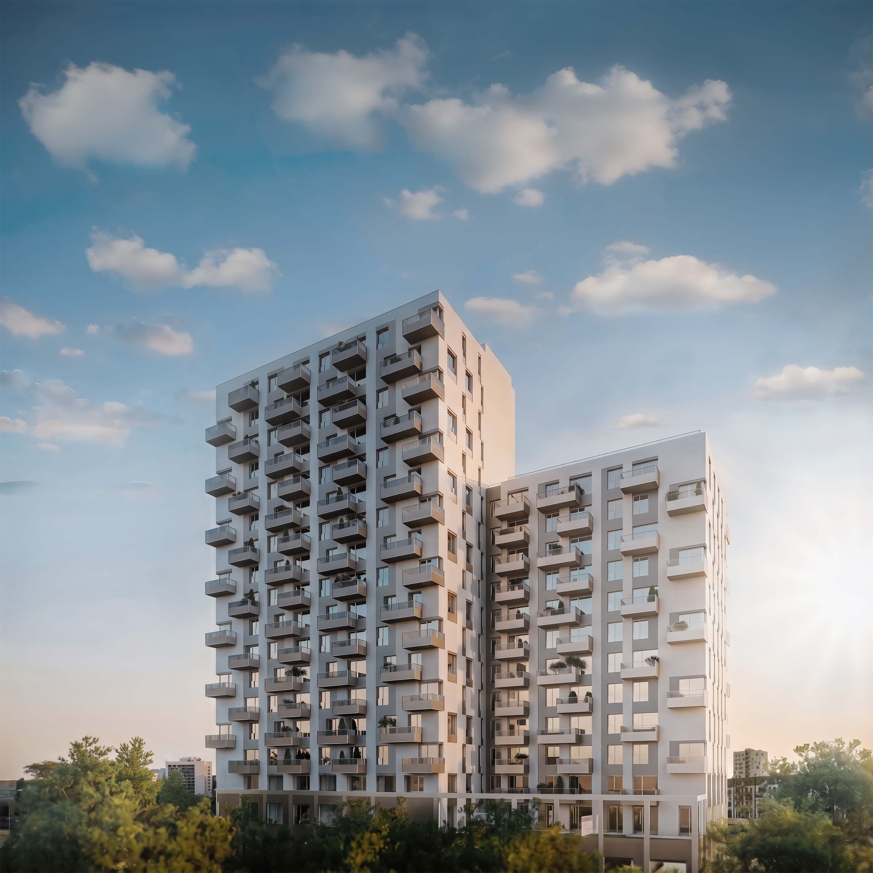 Rendering mit zwei Wohntürmen neben dem STRABAG Haus in der Mlynskey Nivy, Bratislava