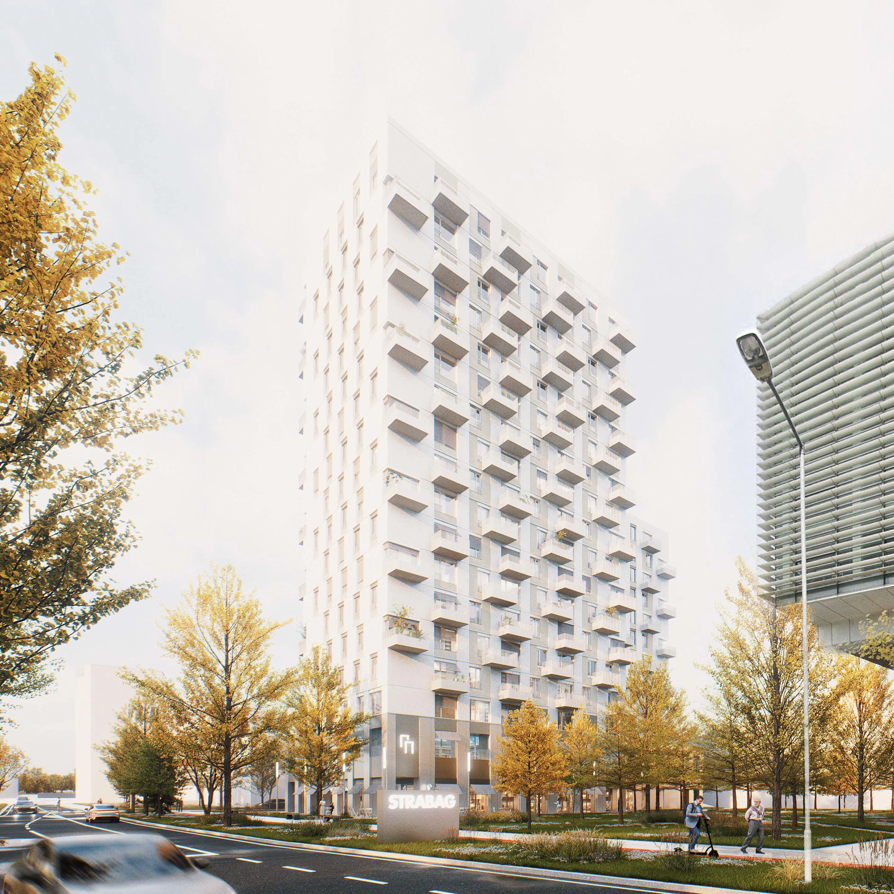 SK_2025_Mlynskey Nivy_rendering_draft Rendering mit zwei Wohntürmen neben dem STRABAG Haus in der Mlynskey Nivy, Bratislava