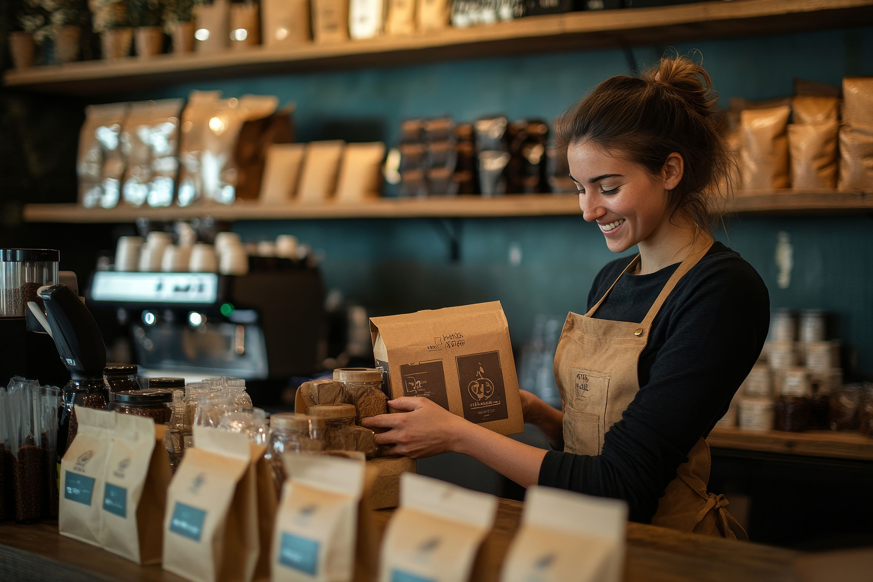 Foto: Barista verpackt Kaffee in Ihrem Shop.