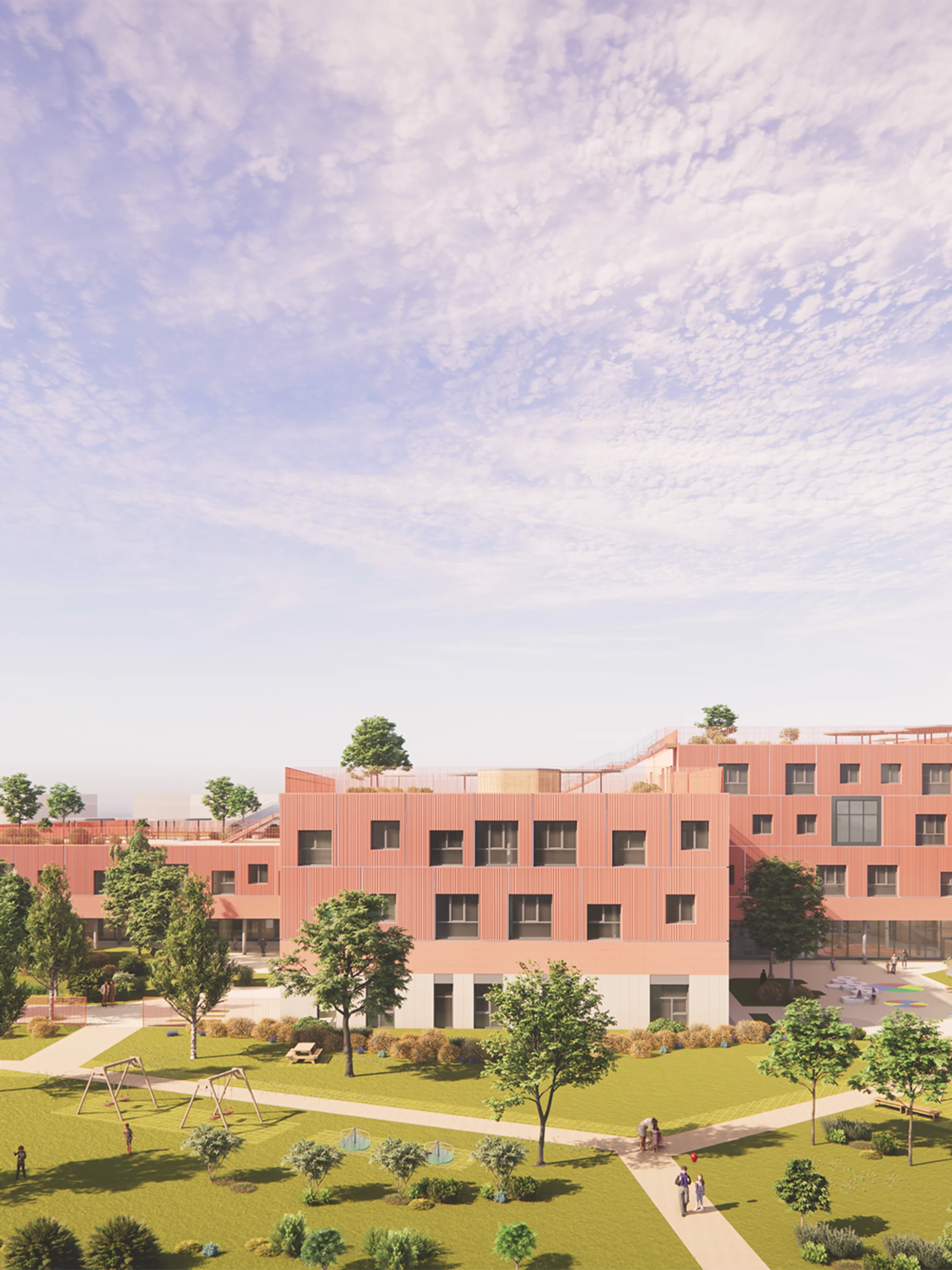 Foto: weitläufiges Schulgebäude mit Holzfassade vor einem begrünten Parkgelände