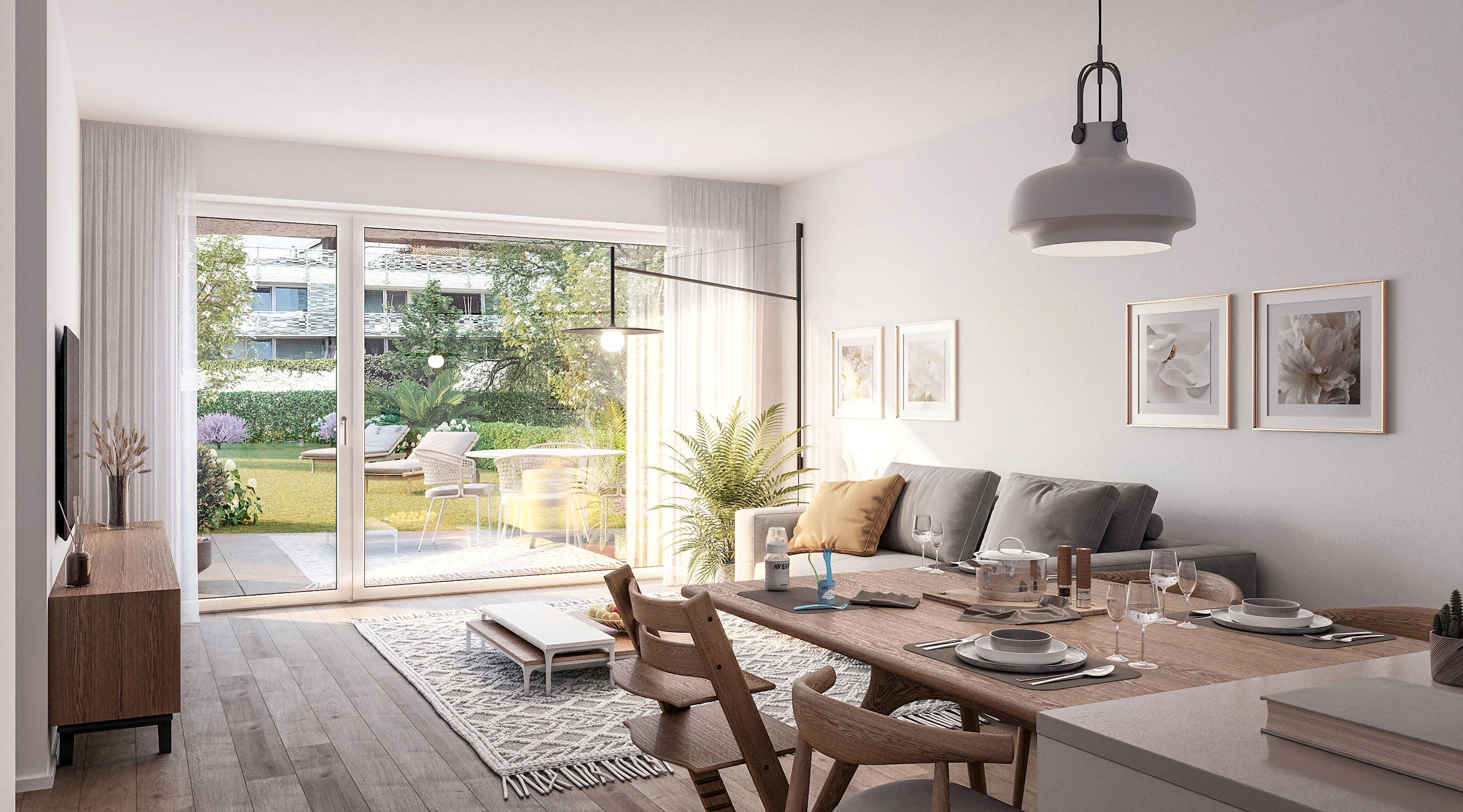 Pohľad na obývaciu izbu a jedáleň s exkluzívnym vybavením a dverami do záhrady.
