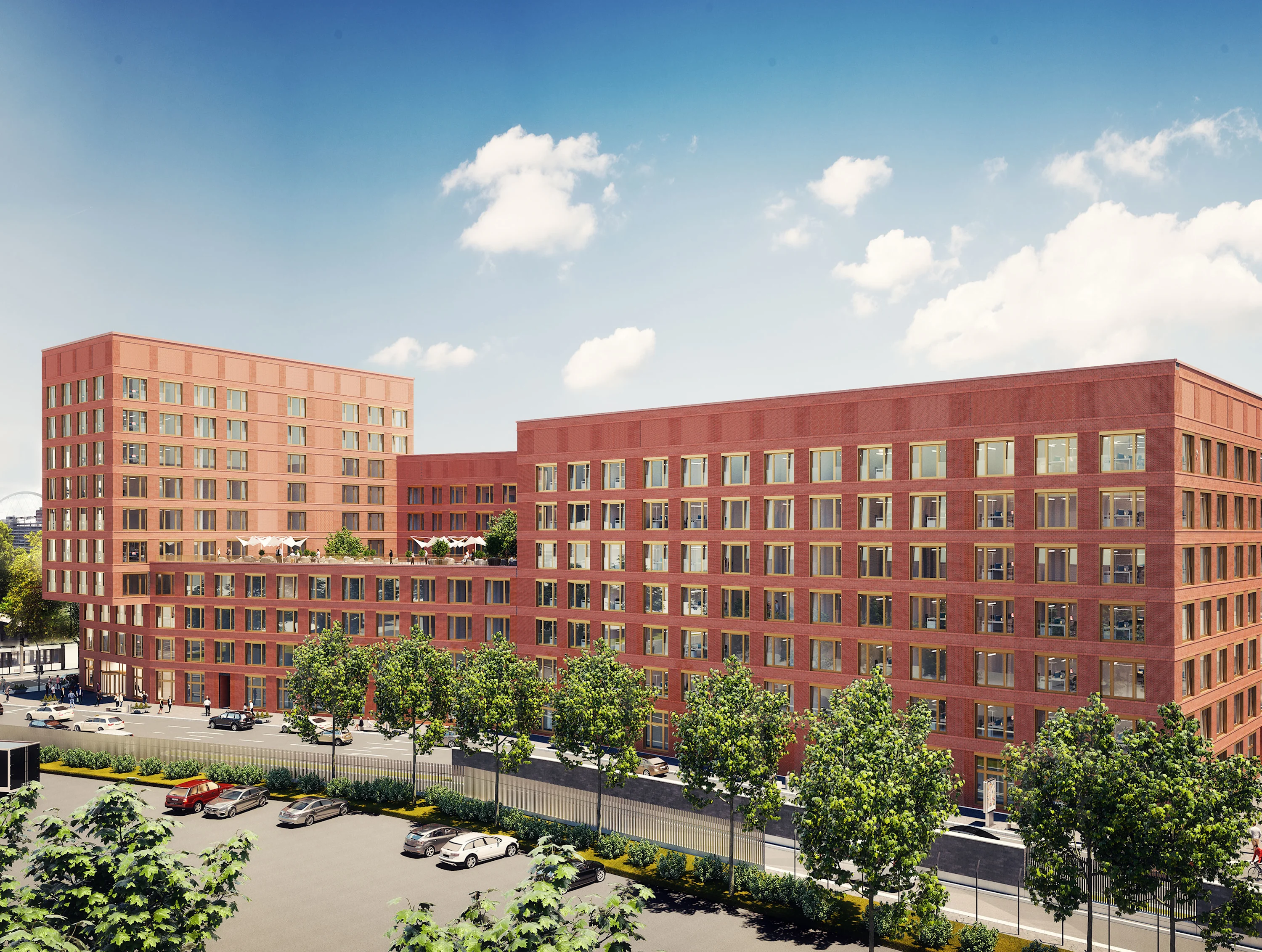 Messecity Köln Stadtquartier Bild: Das Buerogbaeude ROSSIO mit Terracotta farbiger Fassade in der Messecity Köln