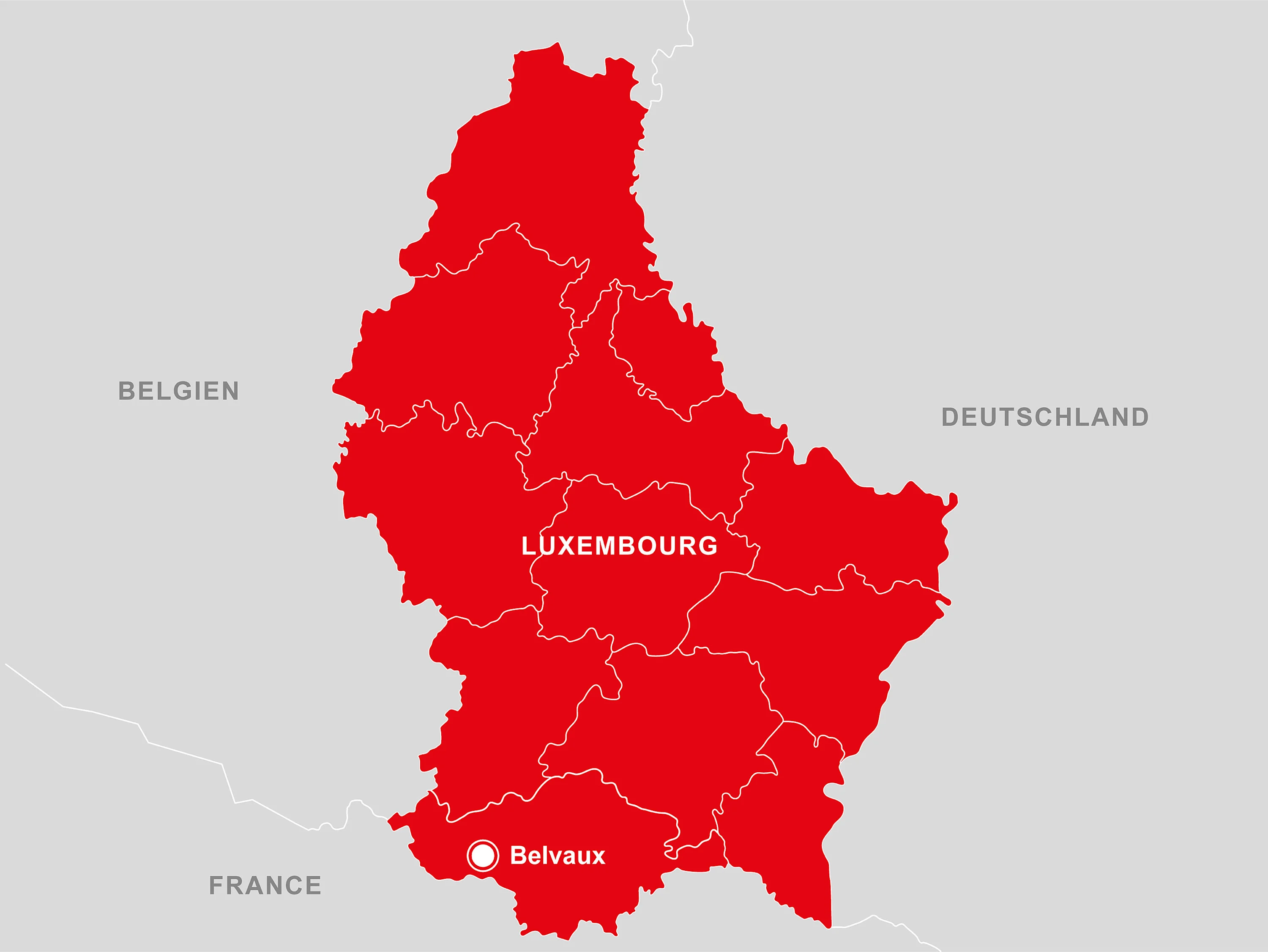 Gebietskarte Luxemburg Bild: Landkarte, die Luxemburg zeigt, das Entwicklungsgebiet der SRE Luxemburg.