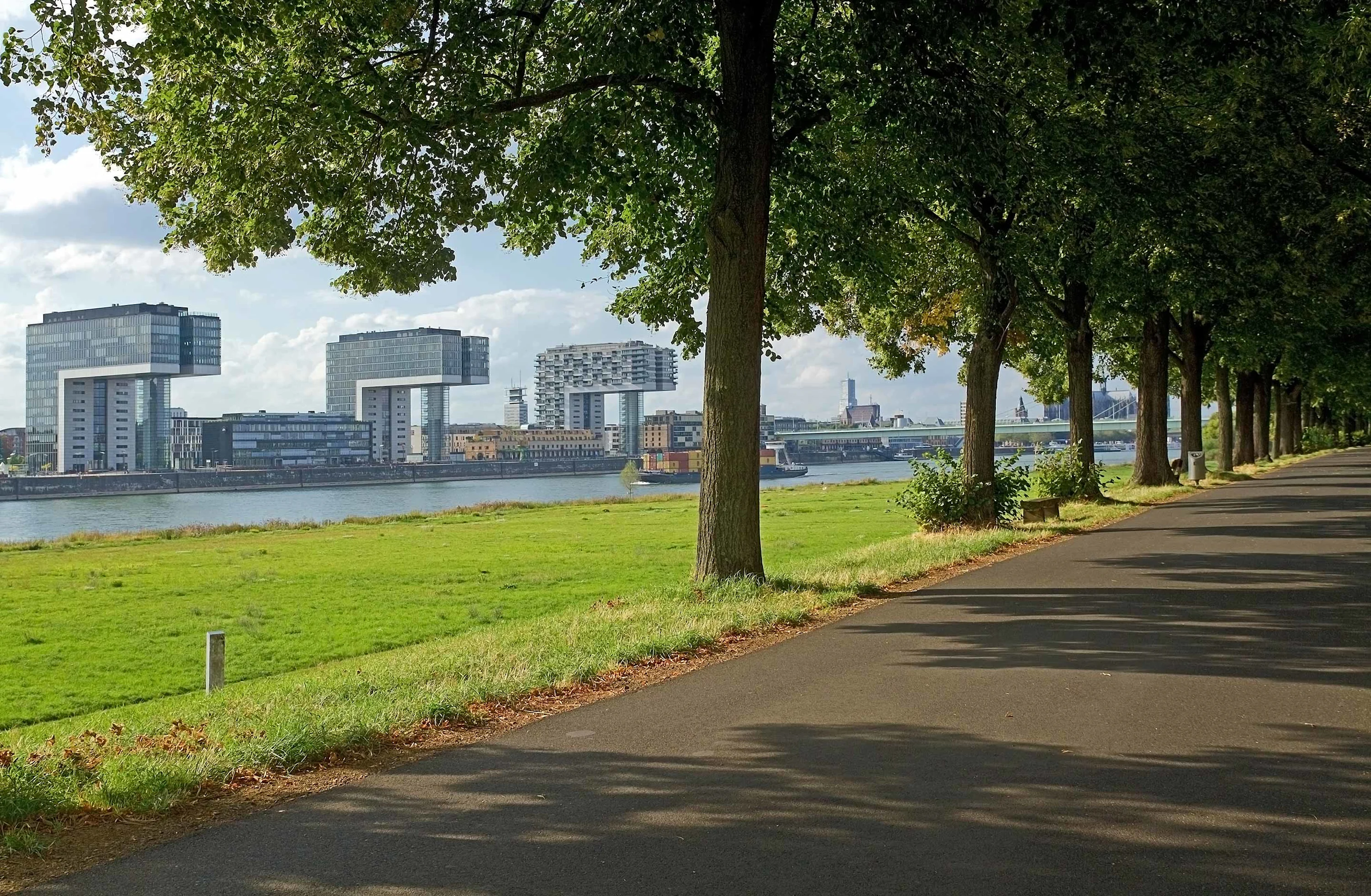 Foto: Blick von den Poller Wiesen auf den Rhein und die Kölner Kranhäuser