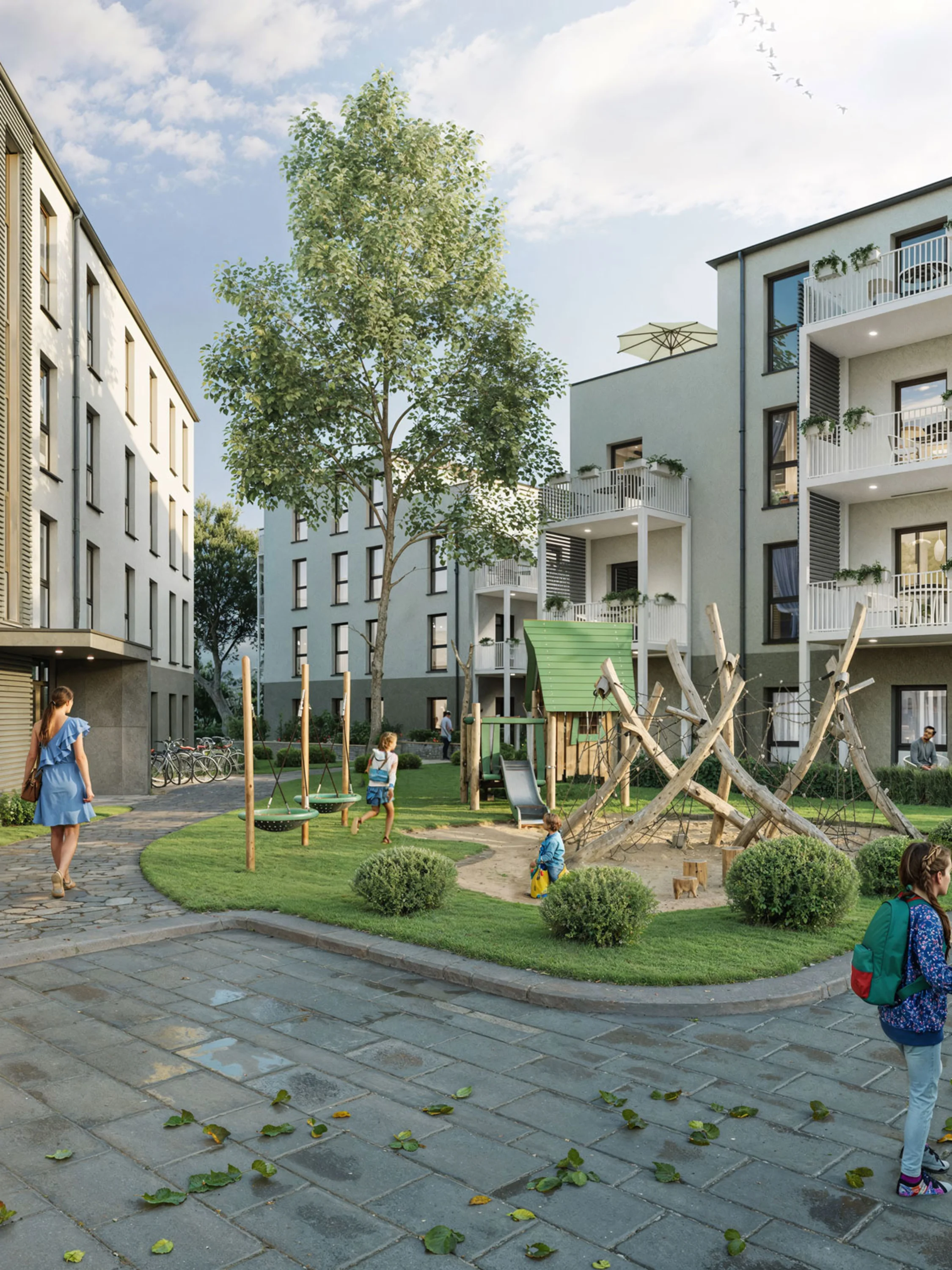 LISA Projektmitte Neubau Wohnhäuser mit Spielplatz und Grünflächen in der Mitte