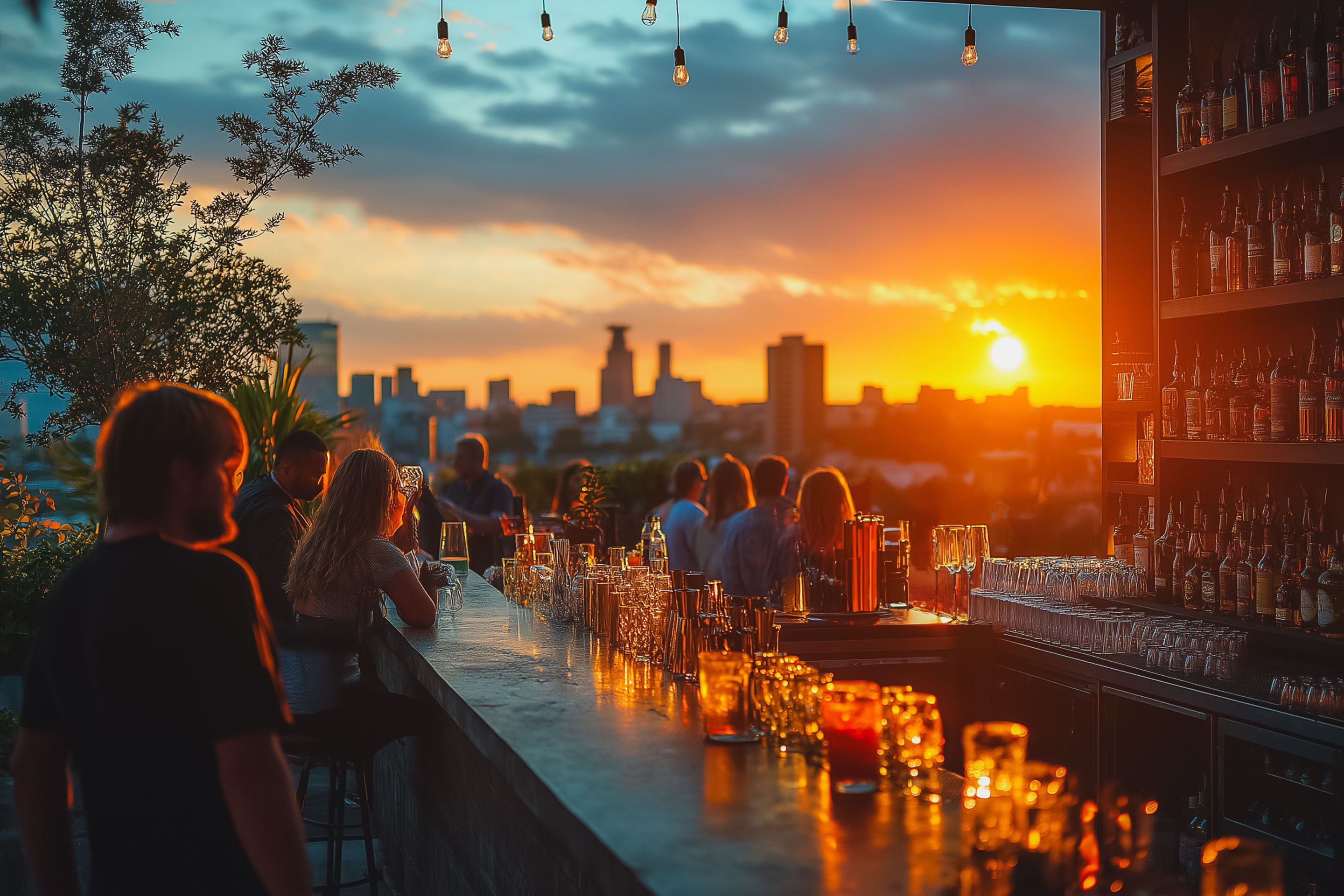 Foto: Skybar mit Gästen an der Bar mit Blick auf die Stadt und Sonnenuntergang