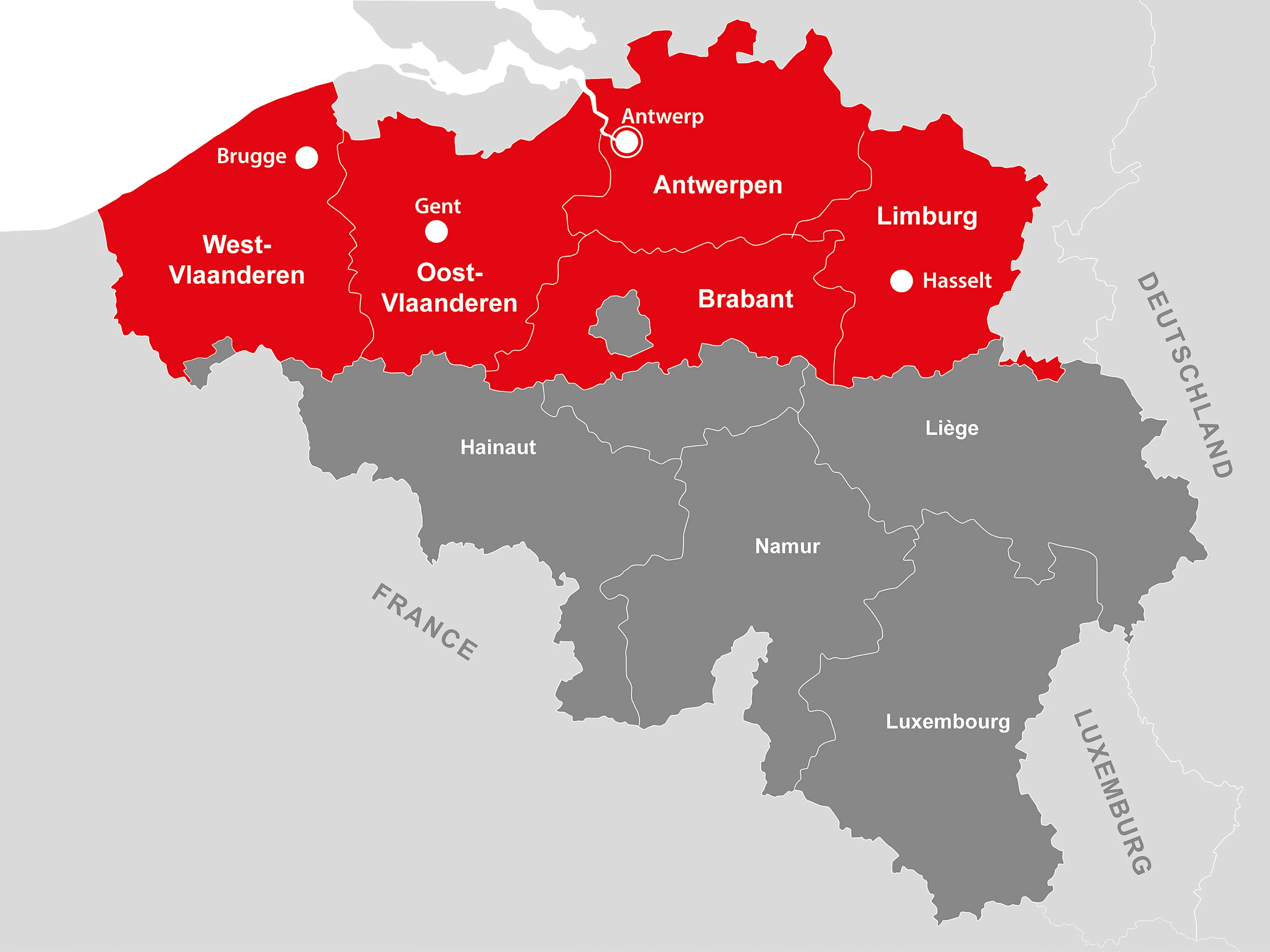 Territory map of Belgium area Picture: Map of Belgium with our area of expertise coloured in red.