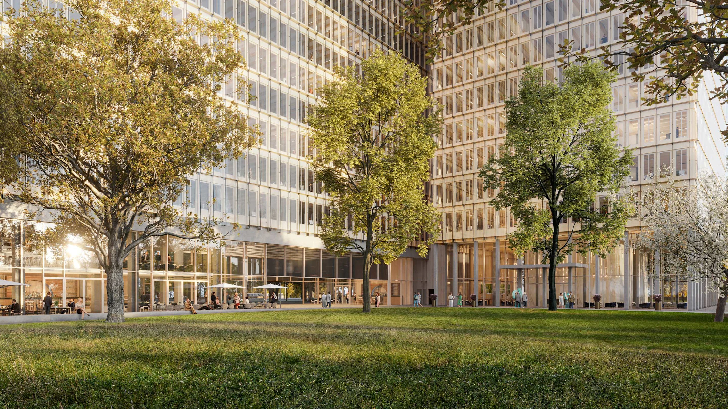 BVK-Erdgeschoss-Aussenansicht Wiese in der Münchener Innenstadt vor einem großem Bürogebäude