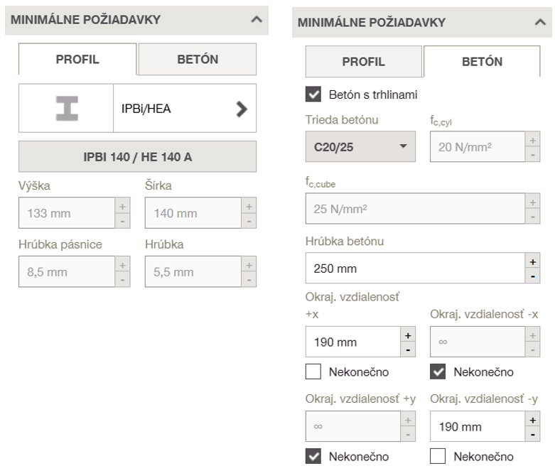 Engineering software interface showing minimum design requirements for a steel profile and supporting concrete. Input fields define profile dimensions, concrete class, cracked concrete condition, thickness, and edge distances.