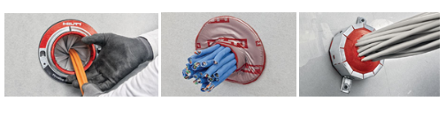 Three images showing installation of a firestop cable transit system, with cables routed through a circular firestop device that seals a wall penetration while maintaining fire protection.