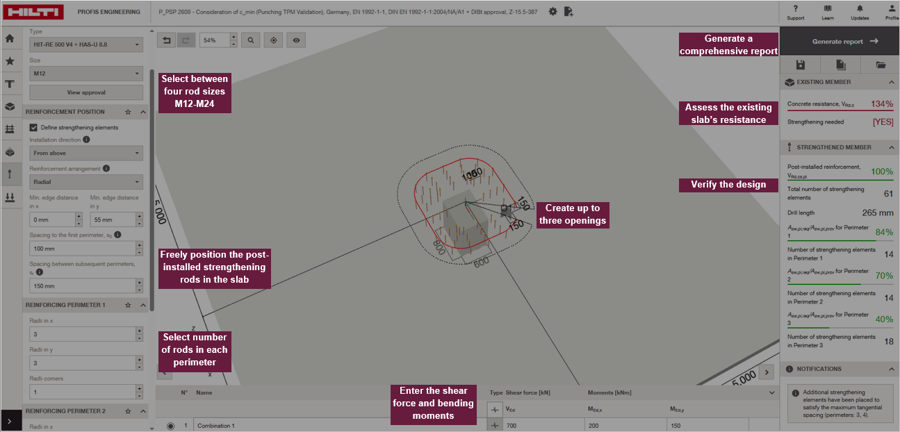 Screenshot of engineering design software showing slab strengthening layout with post-installed anchors arranged in perimeters, along with input settings and verification results.