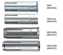 Overzicht van de Hilti HKD-inslagankerfamilie met de varianten HKD, HKD-woL, HKD-S(R) en HKD-E(R) in verschillende draadmaten.