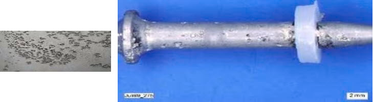 Zwei Nahaufnahmen zeigen Korrosion an Metalloberflächen. Links sind zahlreiche dunkle Korrosionsstellen auf einer beschichteten Oberfläche sichtbar. Rechts ist ein Metallstift oder Befestigungselement mit Lochfraß, Oxidation und Schäden dargestellt.