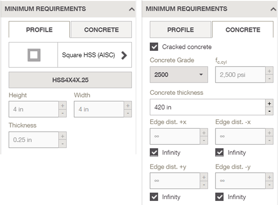 Interface showing minimum requirements for profile and concrete, including steel section dimensions and concrete properties.