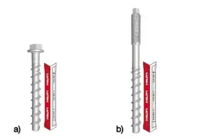 Figure showing the Hilti HUS4 MAX anchoring system with two anchor types: (a) a hexagonal-head screw anchor and (b) an externally threaded screw anchor, each shown alongside a red HUS4 MAX capsule.