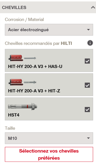 Interface PROFIS Engineering : sélection des chevilles recommandées par Hilti (HIT-HY 200-A V3 + HAS-U, HIT-HY 200-A V3 + HIT-Z, HST4) en acier électrozingué, taille M10.
