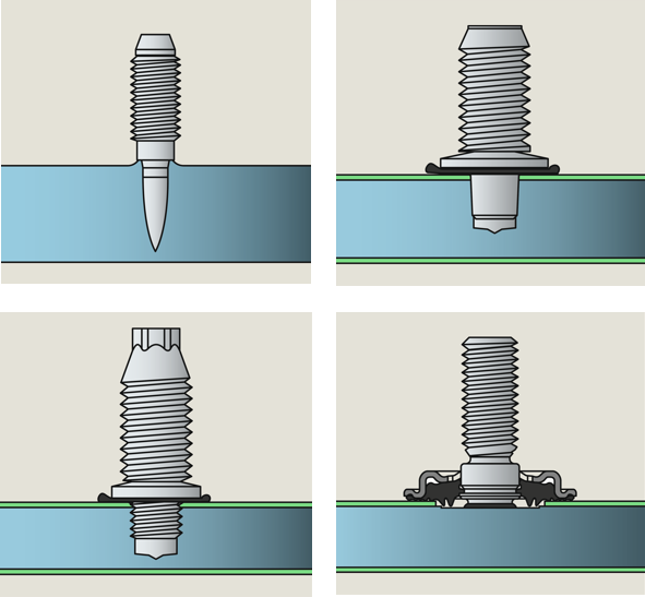 Rappresentazione schematica delle soluzioni di fissaggio Hilti: X-ST GR (in alto a sinistra), X-BT (in alto a destra), S-BT HL (in basso a sinistra) e F-BT (in basso a destra).