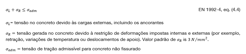 Equação que estabelece que a soma das tensões no concreto não deve exceder a tensão de tração admissível, incluindo as definições da tensão causada pelo carregamento, da tensão de restrição e da tensão admissível.