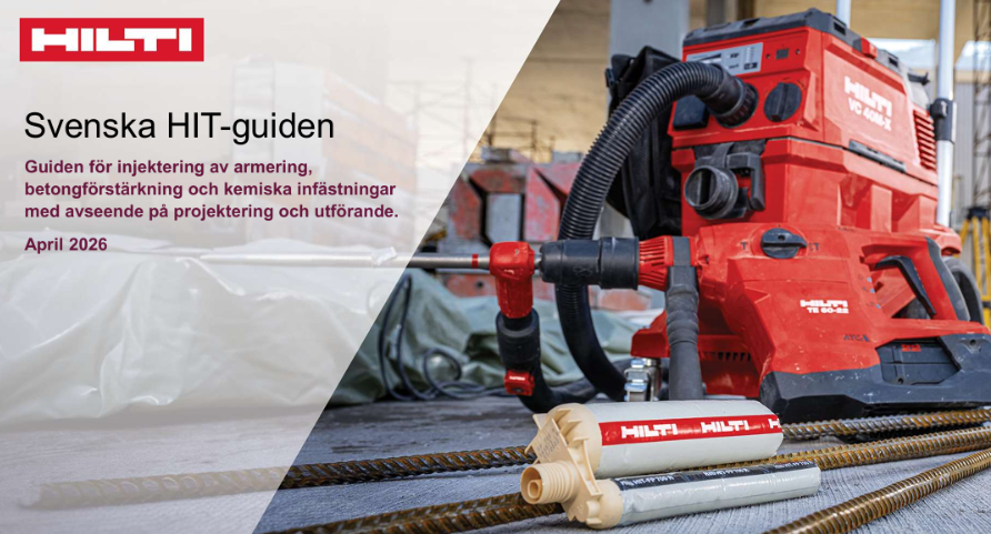Omslagsbild för Svenska HIT-guiden med titeltext samt Hilti-utrustning för kemiska infästningar och armeringsinjektering, inklusive dammsugare, appliceringsverktyg, injekteringspatroner och armeringsjärn i en byggmiljö.