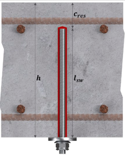 Cross-section of a concrete member showing a post-installed threaded rod anchored from the underside, with dimensions indicating member thickness, reinforcement cover, and embedded rod length.