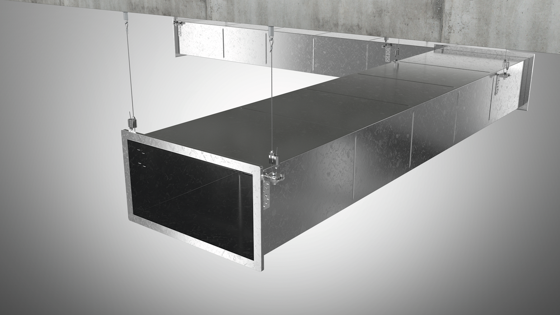 Rectangular metal ventilation duct suspended from a concrete ceiling with cable hangers and adjustable connectors, shown in a clean technical render.