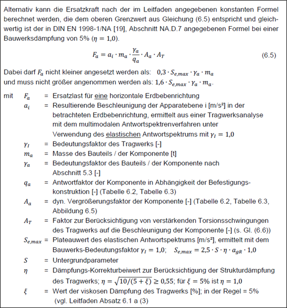 Diagramm zur Erdbebenbemessung mit Beschleunigung in Abhängigkeit von der Eigenfrequenz. Die Darstellung zeigt starre, verstärkte und resonanznahe Bereiche sowie die zugehörigen Bemessungsbeschleunigungen.
