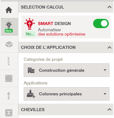 Interface PROFIS Engineering : activation de Smart Design pour automatiser les solutions optimisées, avec sélection de l'application 'Colonnes principales' en construction générale.