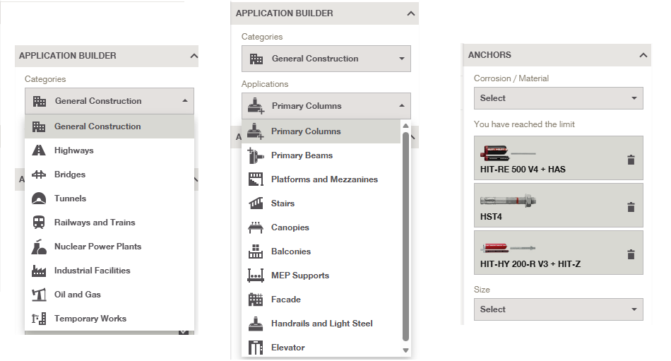 Interface showing Application Builder panels with categories, applications list, and selected anchors, including General Construction and Primary Columns.