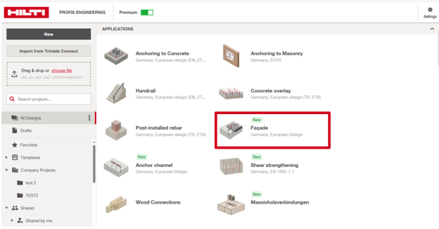 Hilti PROFIS Engineering interface showing a list of design applications. The “Facade” application is highlighted with a red box in the center-right of the screen, indicating a newly available European Design module.