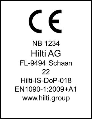 CE-Kennzeichnungsschild eines Hilti-Produkts mit CE-Zeichen, Kennnummer der notifizierten Stelle 1234, Herstellerangaben, Verweis auf die Leistungserklärung, Norm EN 1090-1 und Unternehmenswebsite.