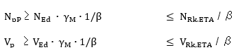 Zwei Nachweisgleichungen: N_pP ≥ N_Ed · γ_M · 1/β ≤ N_Rk,ETA/β und V_p ≥ V_Ed · γ_M · 1/β ≤ V_Rk,ETA/β.