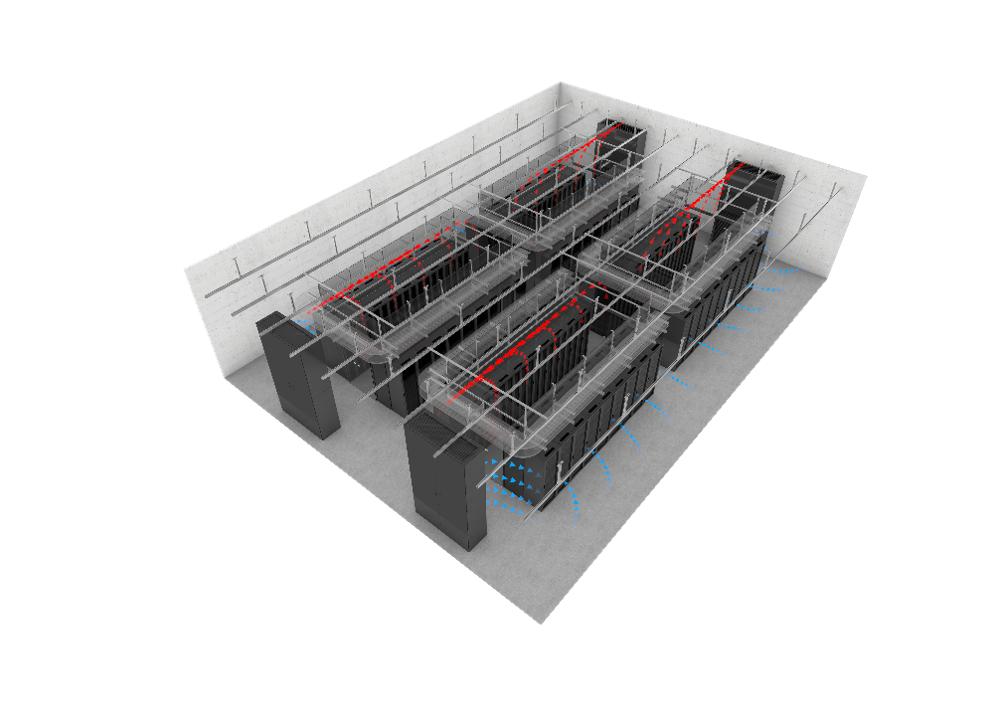Struttura 3D con più canaline o rack paralleli in un locale. Le linee rosse evidenziano i cavi o le linee di servizio, mentre le frecce blu indicano la direzione del flusso d'aria sotto l'impianto.