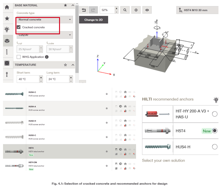Screenshot of anchor design software showing selection of cracked or uncracked concrete, a 3D anchor model with dimensions, and a list of recommended Hilti anchor options.