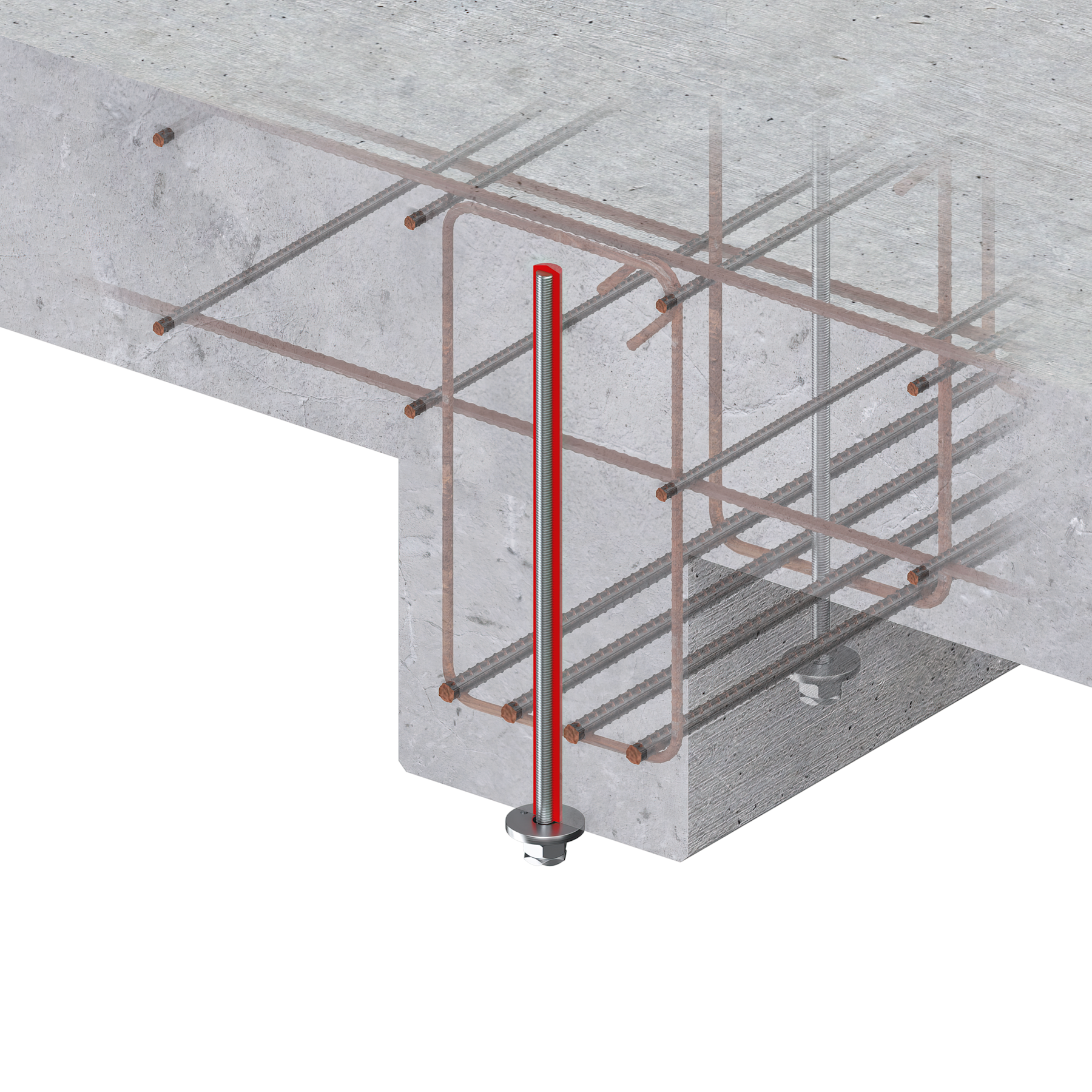 3D structural model showing reinforcement around a concrete corner with a highlighted vertical anchor or reinforcing bar installed into the concrete and connected at the base with anchoring hardware.
