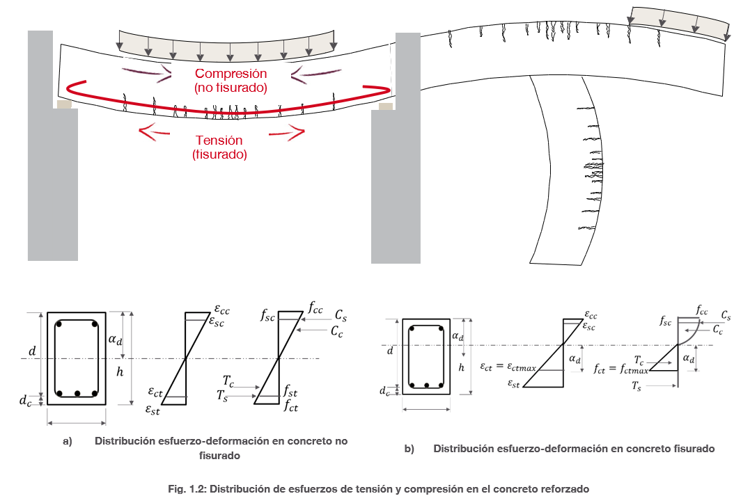 Diagrama que muestra la flexión en concreto reforzado, con compresión en la parte superior y agrietamiento por tensión en la parte inferior, además de las distribuciones esfuerzo-deformación para las condiciones no agrietada y agrietada