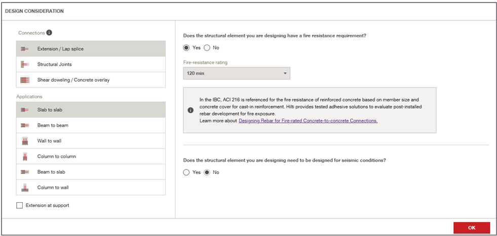 This is the first dialog box after starting a design in the Concrete to concrete module.