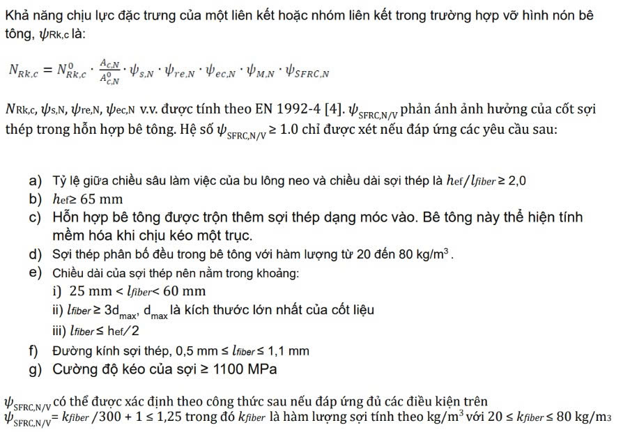 Trích đoạn kỹ thuật trình bày công thức tính sức kháng phá hoại nón bê tông của neo trong bê tông cốt sợi thép (SFRC), đồng thời giới thiệu hệ số ảnh hưởng của sợi thép (ψSFRC,N) và các điều kiện áp dụng để xem xét khả năng tăng cường sức kháng.