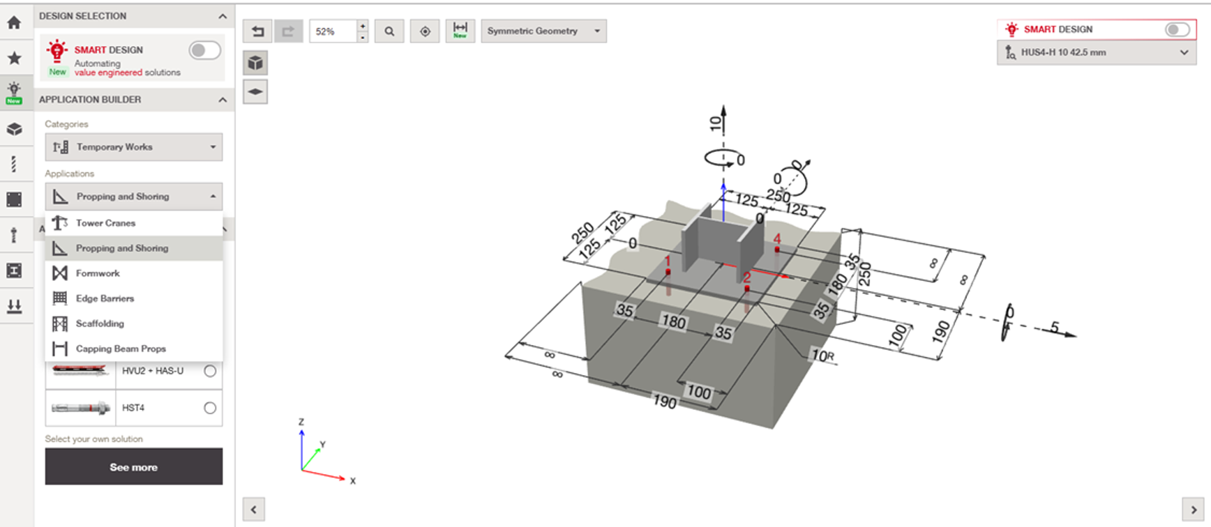 PROFIS Engineering software interface showing a 3D anchor layout with dimensions and loads, alongside a sidebar for selecting temporary works applications and automated “Smart Design” settings.